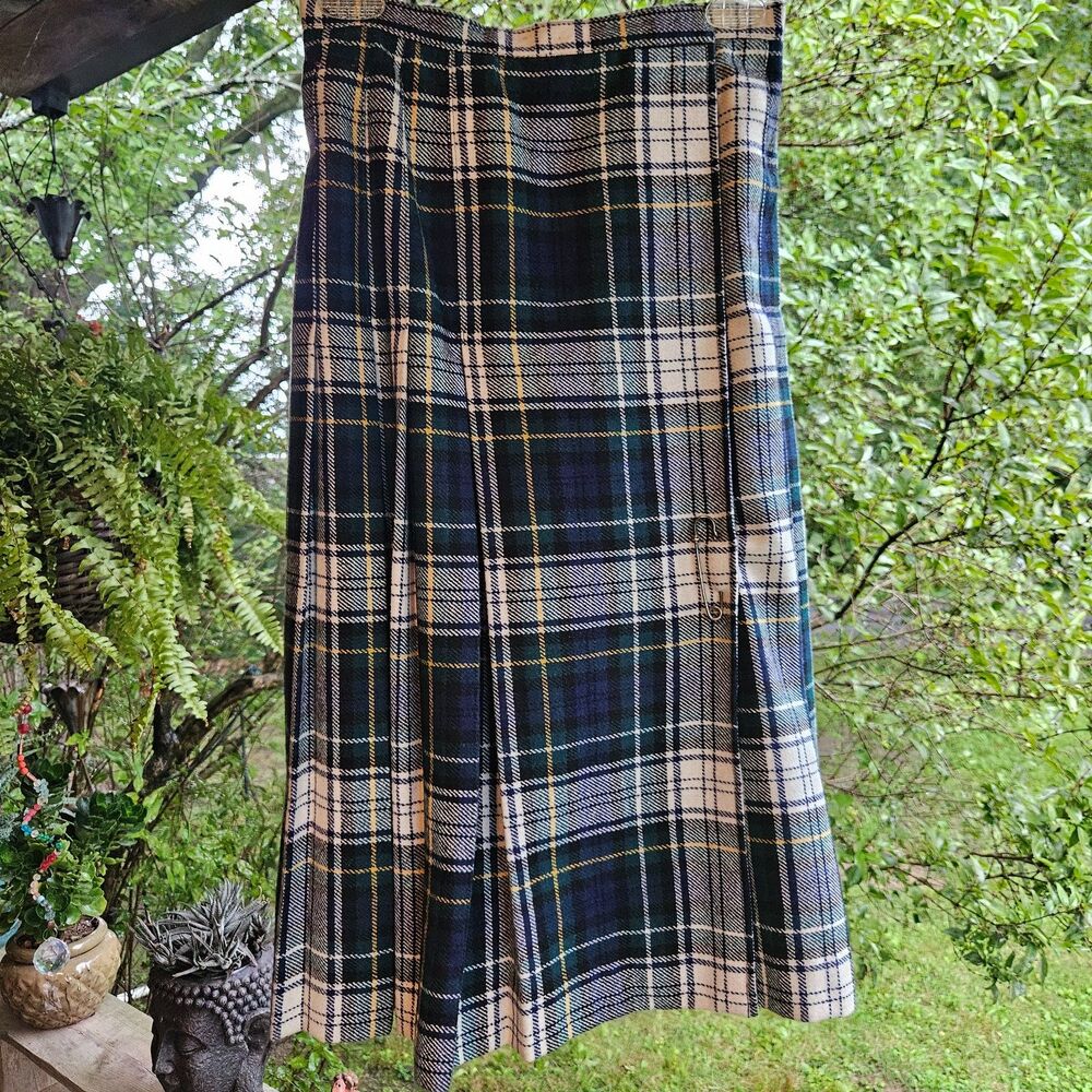 Vtg Ann Stevens NY Plaid Pleated Midi Kilt Skirt Wool Blend Dark Academia Sz 8
